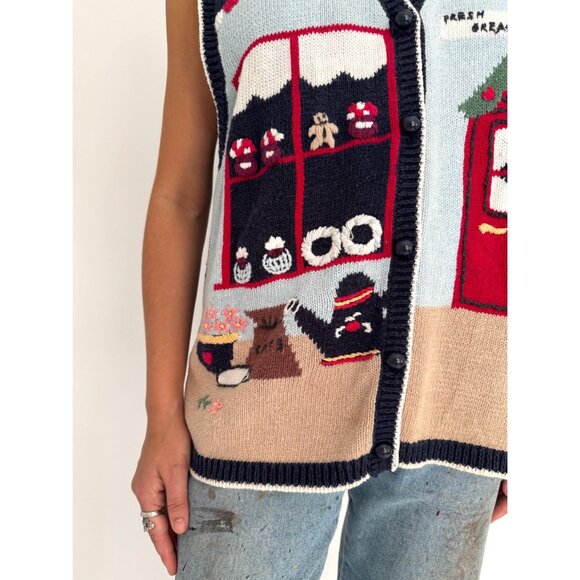90s vintage multicolor novelty kitschy outdoor scene button up knit sweater vest - Picture 9 of 10